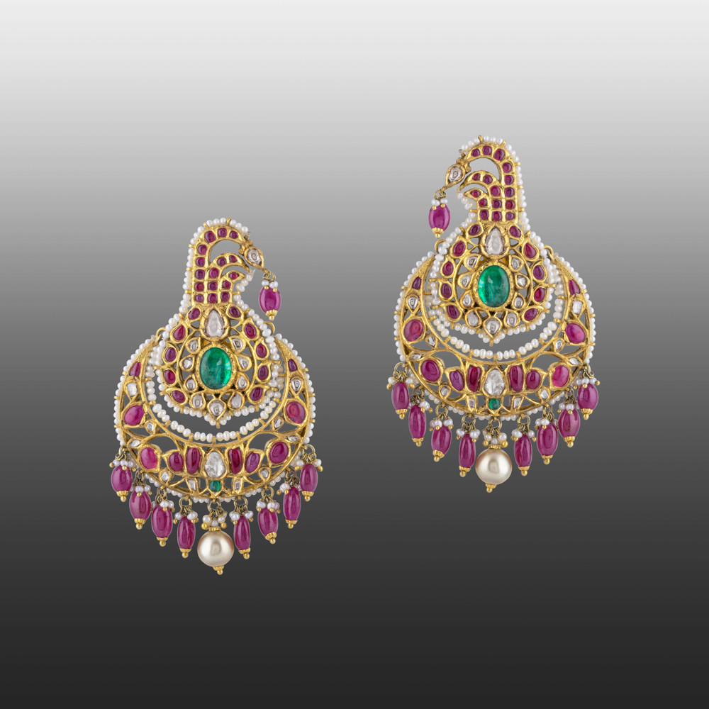 Uncut Diamond Polki Cuff Earring with Pink Talaf , Emerald & Pearls